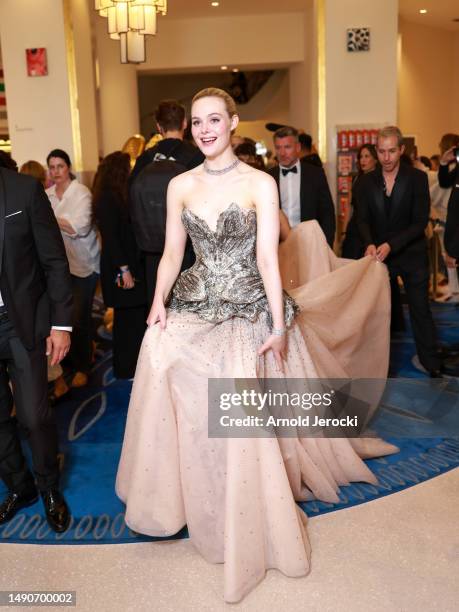 Elle Fanning is seen at the Martinez hotel during the 76th Cannes film festival on May 16, 2023 in Cannes, France.