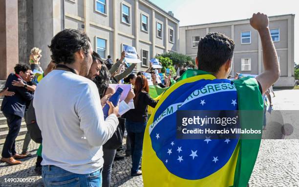 Brazilian students stage a demonstration against xenophobia outside Law School at University of Lisbon Campus on May 16 in Lisbon, Portugal. At issue...