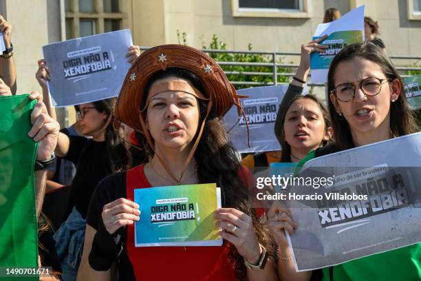 Brazilian students stage a demonstration against xenophobia outside Law School at University of Lisbon Campus on May 16 in Lisbon, Portugal. At issue...