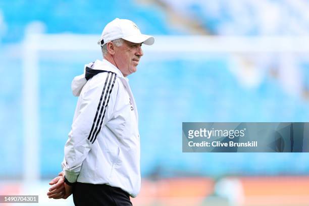 Carlo Ancelotti, Head Coach of Real Madrid, looks on during a Real Madrid training session ahead of their UEFA Champions League semi-final second leg...