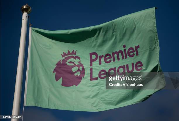 The official Premier League badge on a flag ahead of the Premier League match between Leicester City and Liverpool FC at The King Power Stadium on...