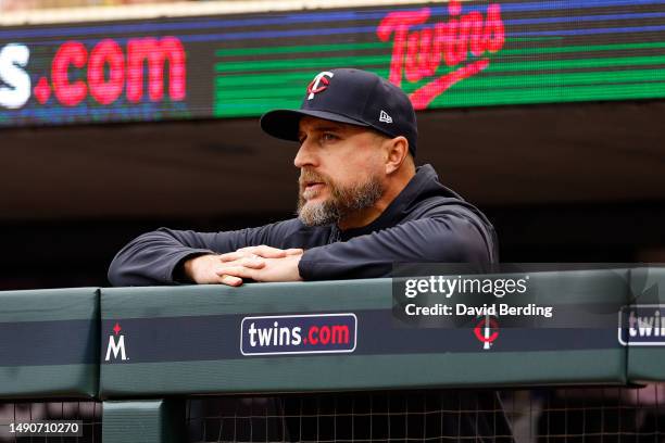 Manager Rocco Baldelli of the Minnesota Twins looks on from the dugout against the Chicago Cubs in the fifth inning at Target Field on May 13, 2023...