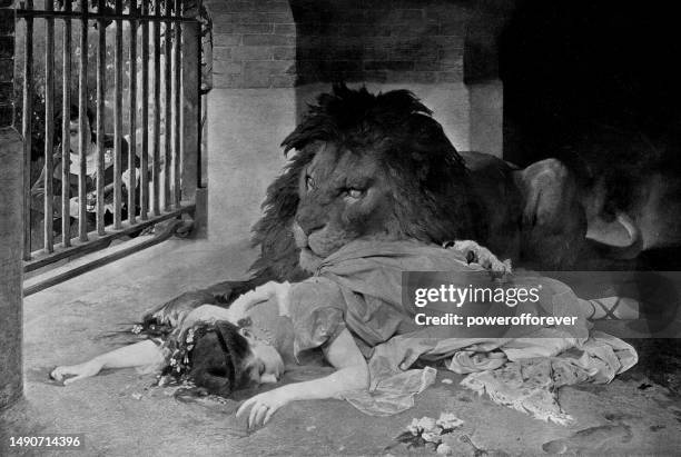 the lion’s bride, painting by gabriel von max - 19th century - lion black and white stock illustrations