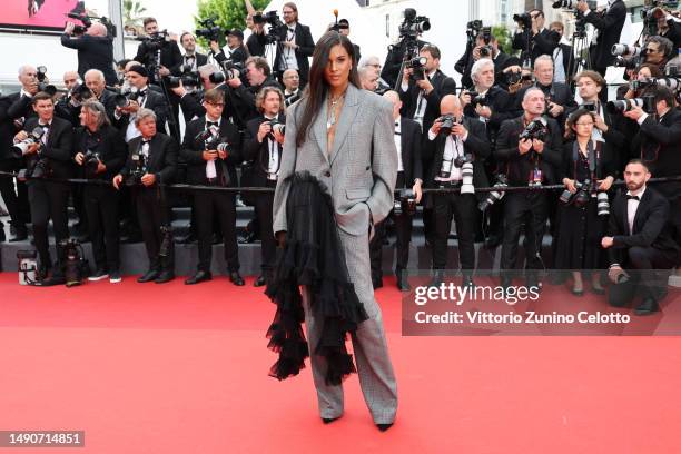 Cindy Bruna attends the "Jeanne du Barry" Screening & opening ceremony red carpet at the 76th annual Cannes film festival at Palais des Festivals on...