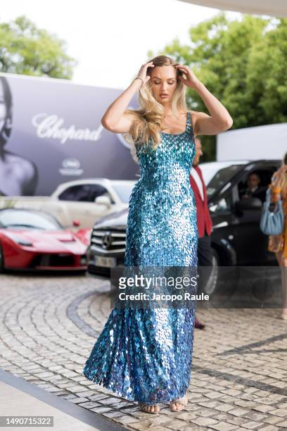 Romee Strijd is seen at Hotel Martinez during the 76th Cannes film festival on May 16, 2023 in Cannes, France.