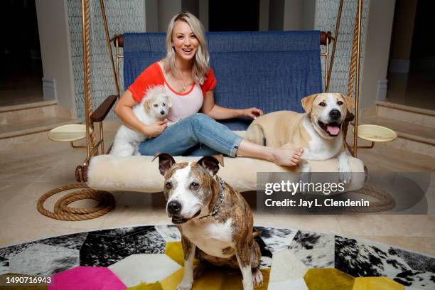 Actress Kaley Cuoco is photographed with her three dogs : Shirley, Ruby and Norman on August 7, 2017 in Tarzana, California. Cuoco is a board member...