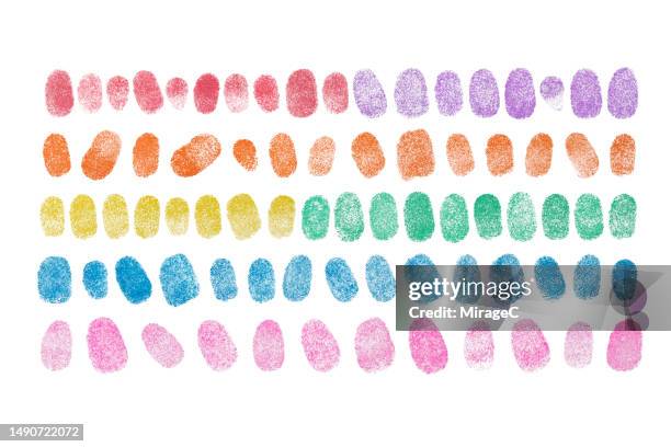 a set of colorful fingerprint for finger painting isolated on white - impronta digitale foto e immagini stock