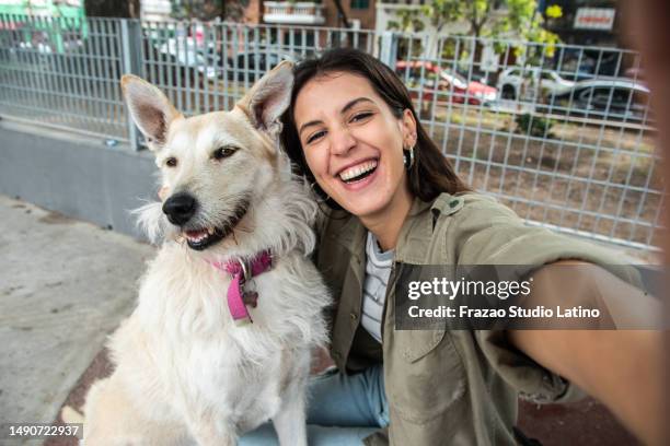 young woman taking a selfie with her pet in the city - camera point of view - woman dog bench stock pictures, royalty-free photos & images