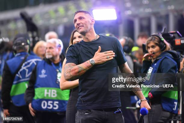 Marco Materazzi, former FC Internazionale player acknowledges the fans prior to the UEFA Champions League semi-final second leg match between FC...