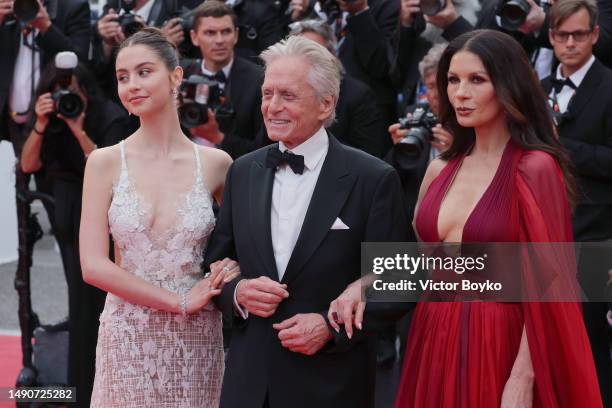 Carys Zeta Douglas, Michael Douglas and Catherine Zeta-Jones attend the "Jeanne du Barry" Screening & opening ceremony red carpet at the 76th annual...