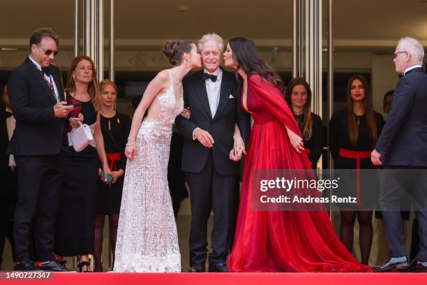 Carys Zeta Douglas, Michael Douglas and Catherine Zeta-Jones attend the "Jeanne du Barry" Screening & opening ceremony red carpet at the 76th annual...