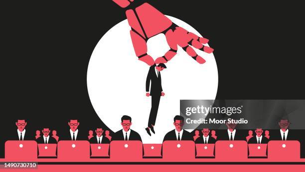 giant robotic hand getting an employee off the working table illustration - businessman stock illustrations