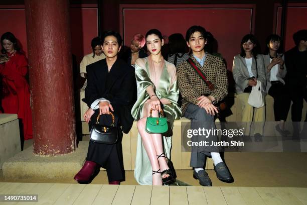 Jun Shison, Ayaka Miyoshi and Fumiya Takahashi attends the Gucci Seoul Cruise 2024 fashion show at Gyeongbokgung Palace on May 16, 2023 in Seoul,...