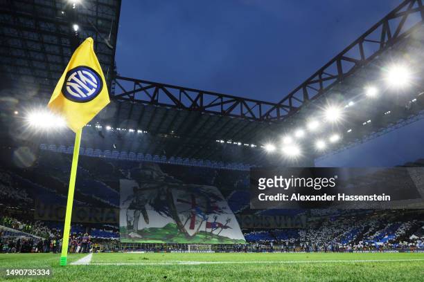 General view of the corner flag and fans inside the stadium prior to the UEFA Champions League semi-final second leg match between FC Internazionale...