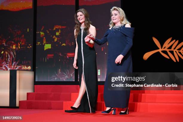 Chiara Mastroianni and Catherine Deneuve during the opening ceremony at the 76th annual Cannes film festival at Palais des Festivals on May 16, 2023...
