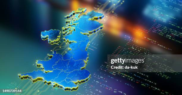 modern map of uk representing leadership in technologies and fintech sector - ict stock pictures, royalty-free photos & images