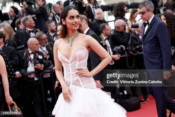 Manushi Chhillar attends the "Jeanne du Barry" Screening & opening ceremony red carpet at the 76th annual Cannes film festival at Palais des...