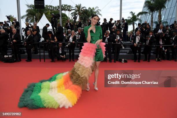 Elvira Jain attends the "Jeanne du Barry" Screening & opening ceremony red carpet at the 76th annual Cannes film festival at Palais des Festivals on...