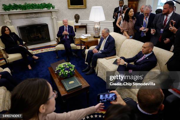President Joe Biden and Vice President Kamala Harris host Congressional leaders, including Senate Majority Leader Charles Schumer and House Minority...