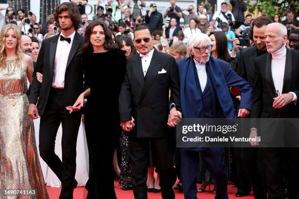 Pauline Pollmann, Diego Le Fur, Director Maïwenn, Johnny Depp, Pierre Richard, Benjamin Lavernhe and Pascal Greggory attend the "Jeanne du Barry"...