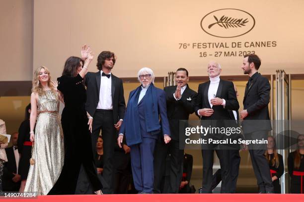 Pauline Pollman, Maïwenn, Diego Le Fur, Johnny Depp, Pierre Richard, Pascal Greggory and Benjamin Lavernhe attend the "Jeanne du Barry" Screening &...