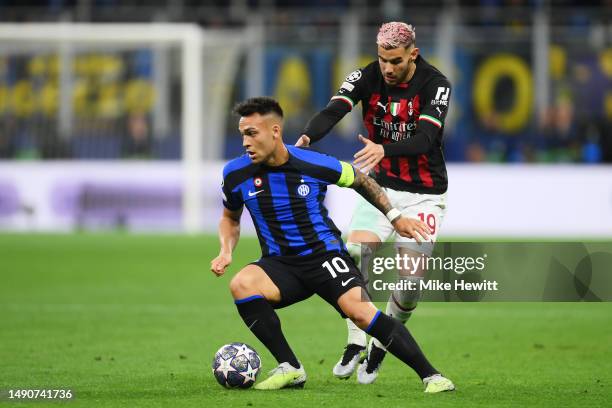 Lautaro Martinez of FC Internazionale is put under pressure by Theo Hernandez of AC Milan during the UEFA Champions League semi-final second leg...