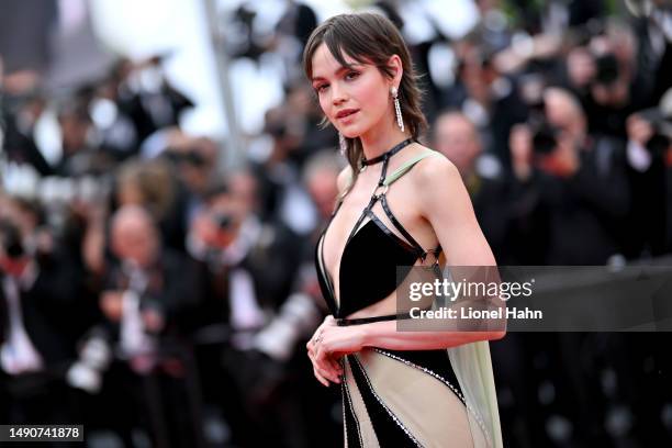 Emilia Schuele attends the "Jeanne du Barry" screening & opening ceremony red carpet at the 76th Annual Cannes Film Festival at Palais des Festivals...