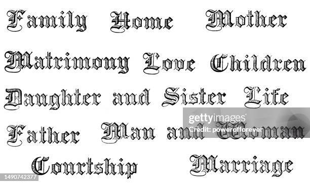 various family terms in victorian style text - 19th century - victorian font stock illustrations