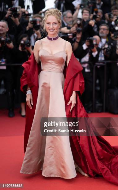 Uma Thurman during "Jeanne du Barry" screening and Opening Ceremony red carpet during the 76th Annual Cannes Film Festival at Palais des Festivals on...