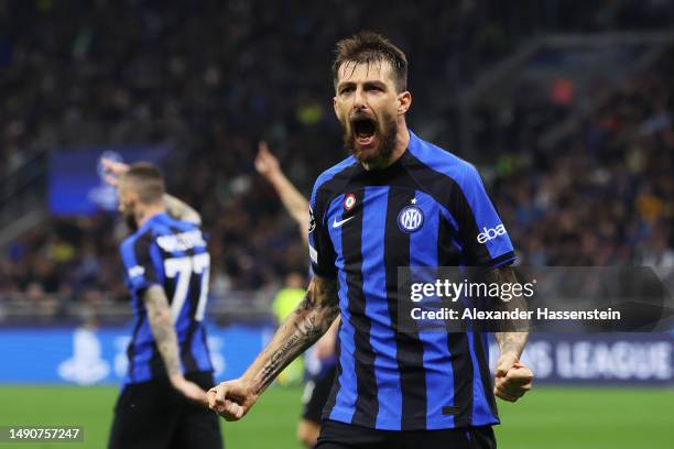 Francesco Acerbi of FC Internazionale reacts during the UEFA Champions League semi-final second leg match between FC Internazionale and AC Milan at...