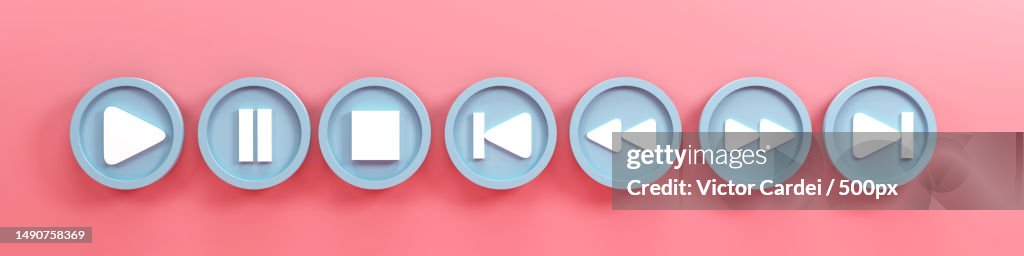 3d render 3d illustration set of media player button icons on pink background,Romania