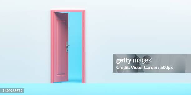 3 d rendering,3 d illustration pink door open entrance in blue background room minimal interior idea creative,romania - open romania imagens e fotografias de stock