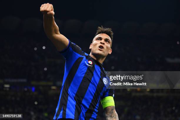 Lautaro Martinez of FC Internazionale celebrates after scoring the team's first goal during the UEFA Champions League semi-final second leg match...