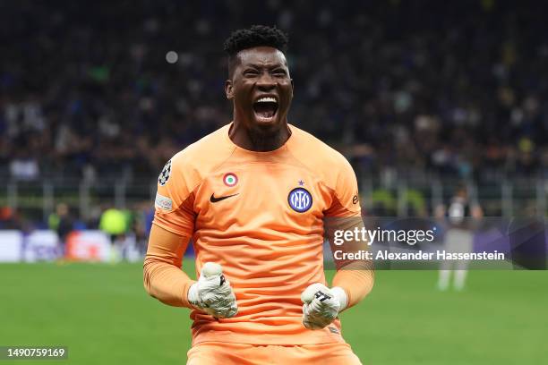 Andre Onana of FC Internazionale celebrates after Lautaro Martinez of FC Internazionale scores the team's first goal during the UEFA Champions League...