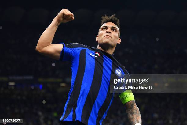 Lautaro Martinez of FC Internazionale celebrates after scoring the team's first goal during the UEFA Champions League semi-final second leg match...