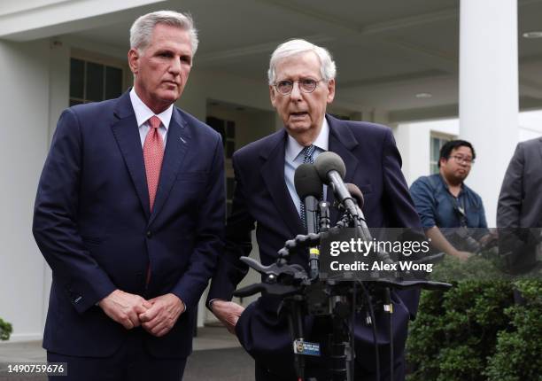 Senate Minority Leader Mitch McConnell and Speaker of the House Kevin McCarthy speak to reporters after meeting with President Joe Biden and fellow...