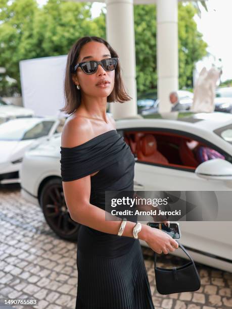 Laura Harrier is seen at the Martinez hotel during the 76th Cannes film festival on May 16, 2023 in Cannes, France.