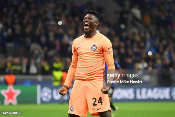 Andre Onana of FC Internazionale celebrates following the team's victory during the UEFA Champions League semi-final second leg match between FC...