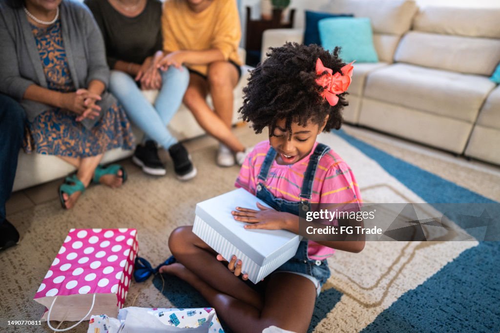 Girl child opening a gift on her birthday at home