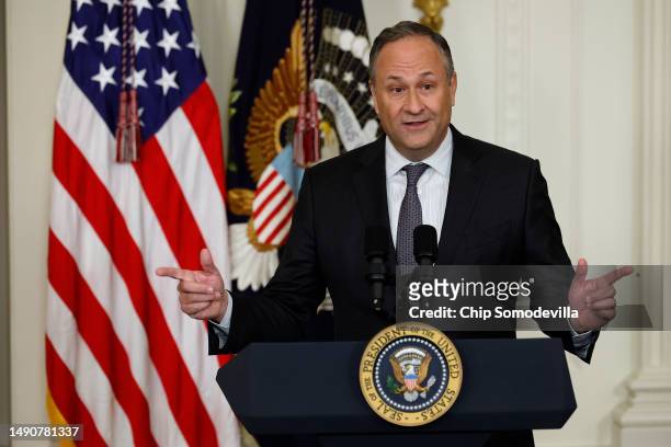 Second gentleman Doug Emhoff delivers remarks during a celebration marking Jewish American Heritage Month in the East Room of the White House on May...