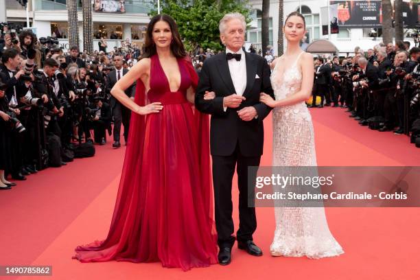 Catherine Zeta-Jones, Michael Douglas and Carys Zeta Douglas attends the "Jeanne du Barry" Screening & opening ceremony red carpet at the 76th annual...