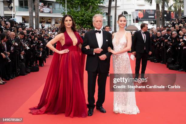 Catherine Zeta-Jones, Michael Douglas and Carys Zeta Douglas attends the "Jeanne du Barry" Screening & opening ceremony red carpet at the 76th annual...