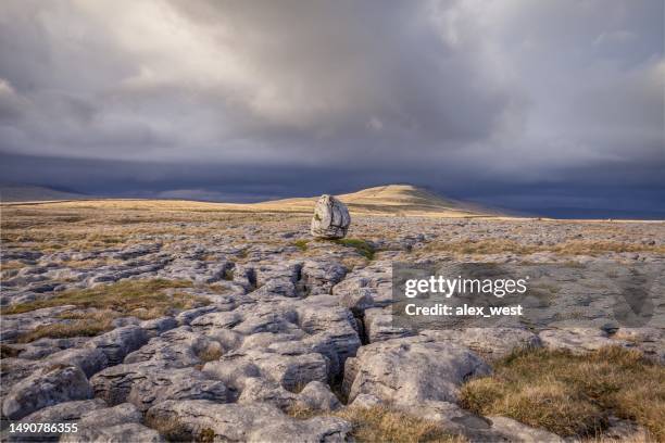 glacial erratic boulders on twistleton scar. yorkshire dales national park, - yorkshire dales national park stock pictures, royalty-free photos & images