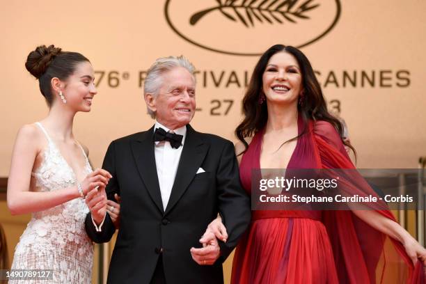 Carys Zeta Douglas, Michael Douglas and Catherine Zeta-Jones attends the "Jeanne du Barry" Screening & opening ceremony red carpet at the 76th annual...