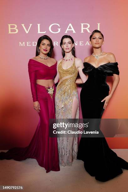 Priyanka Chopra Jonas, Anne Hathaway and Zendaya attends the "Bulgari Mediterranea High Jewelry" event at Palazzo Ducale on May 16, 2023 in Venice.