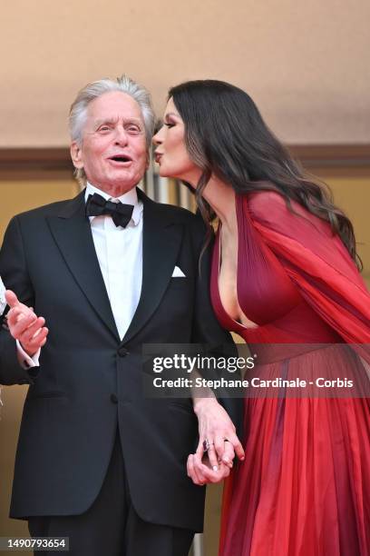 Michael Douglas and Catherine Zeta-Jones attend the "Jeanne du Barry" Screening & opening ceremony red carpet at the 76th annual Cannes film festival...