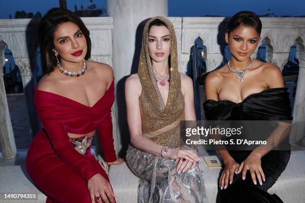 Priyanka Chopra Jonas, Anne Hathaway and Zendaya attend the "Bulgari Mediterranea High Jewelry" event at Palazzo Ducale on May 16, 2023 in Venice.