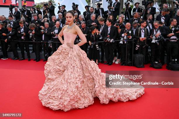 Araya Hargate attends the "Jeanne du Barry" Screening & opening ceremony red carpet at the 76th annual Cannes film festival at Palais des Festivals...