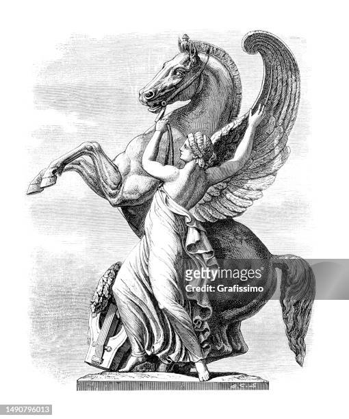 renown holding back pegasus by eugène lequesne 1869 - pegasus stock illustrations