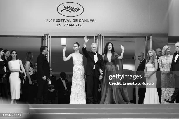 Carys Zeta, Michael Douglas and Catherine Zeta-Jones attends the "Jeanne du Barry" Screening & opening ceremony red carpet at the 76th annual Cannes...